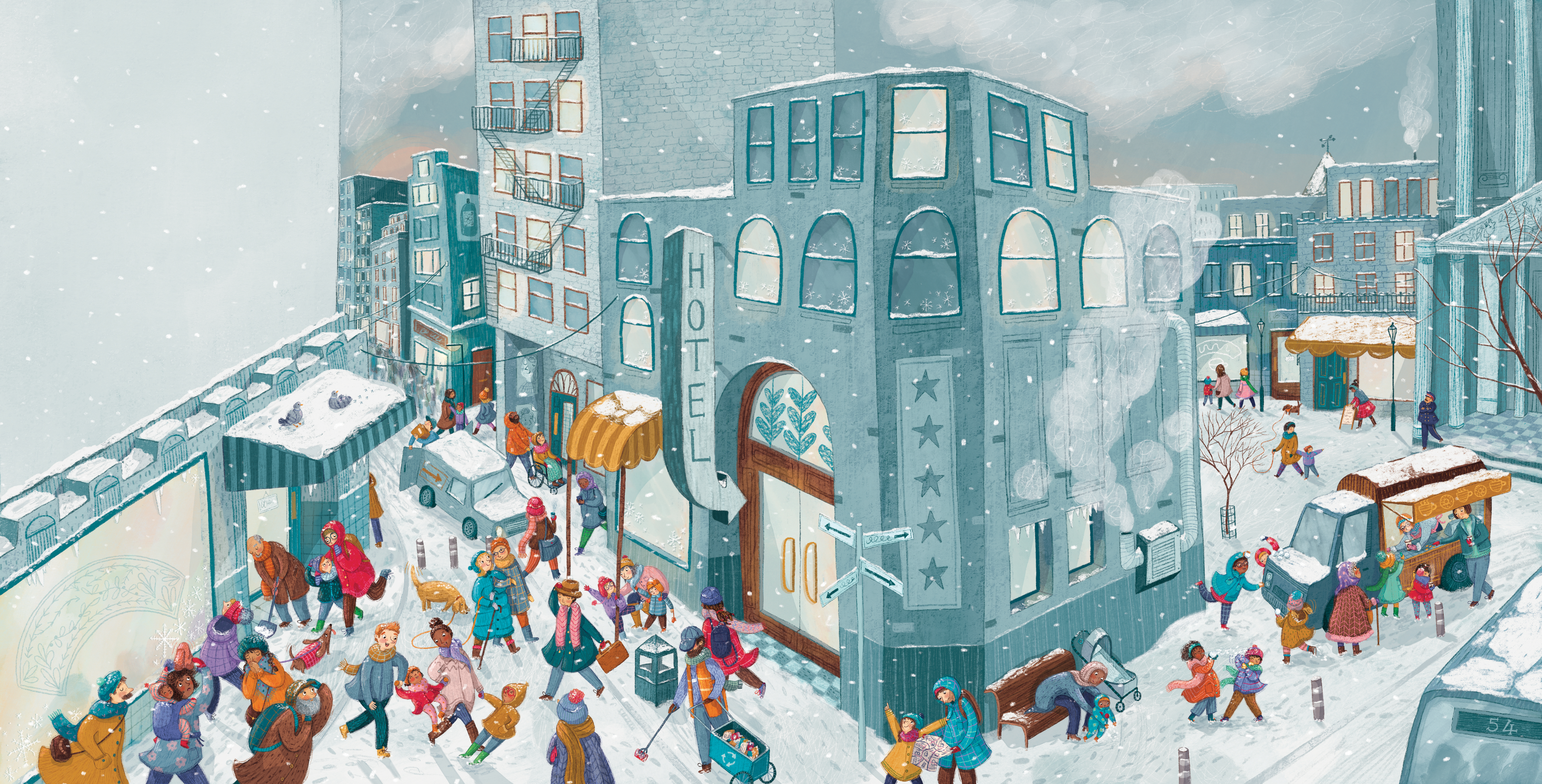 Illustration by Christine Cuddihy of city scape with people
