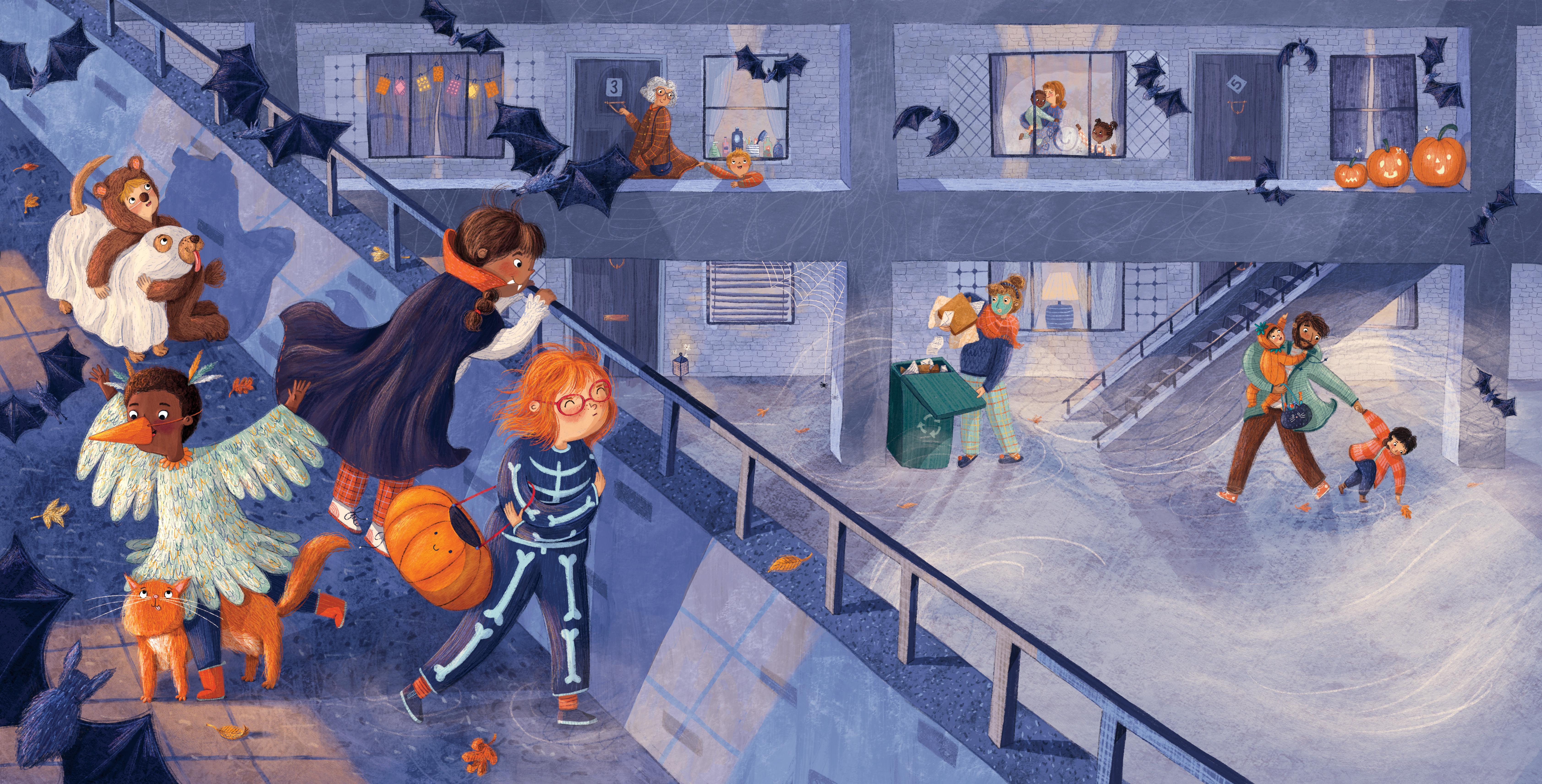 Illustration by Christine Cuddihy of children dressed up for halloween at night in an apartment complex