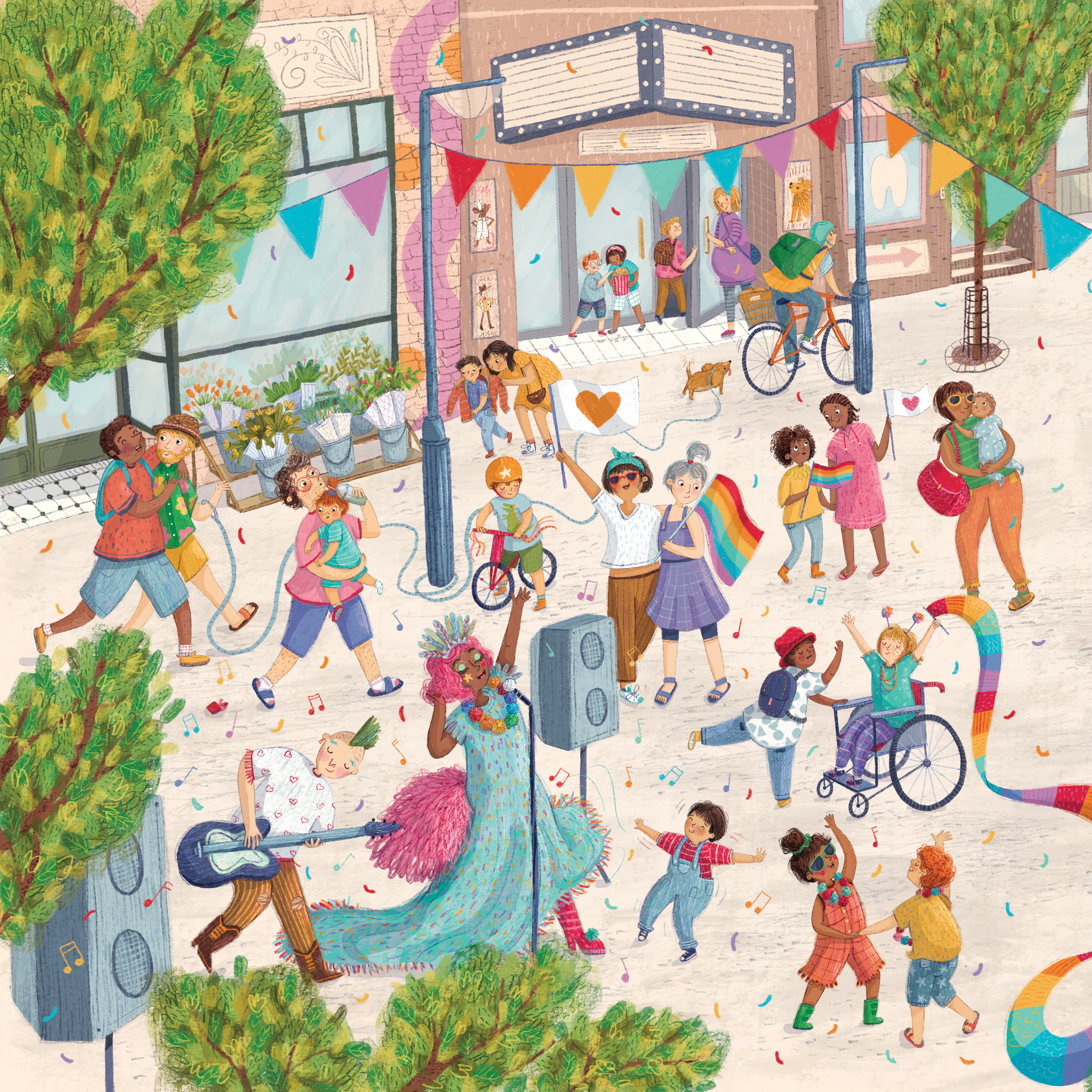 Illustration by Christine Cuddihy showing lots of people at a pride parade on a sunny day