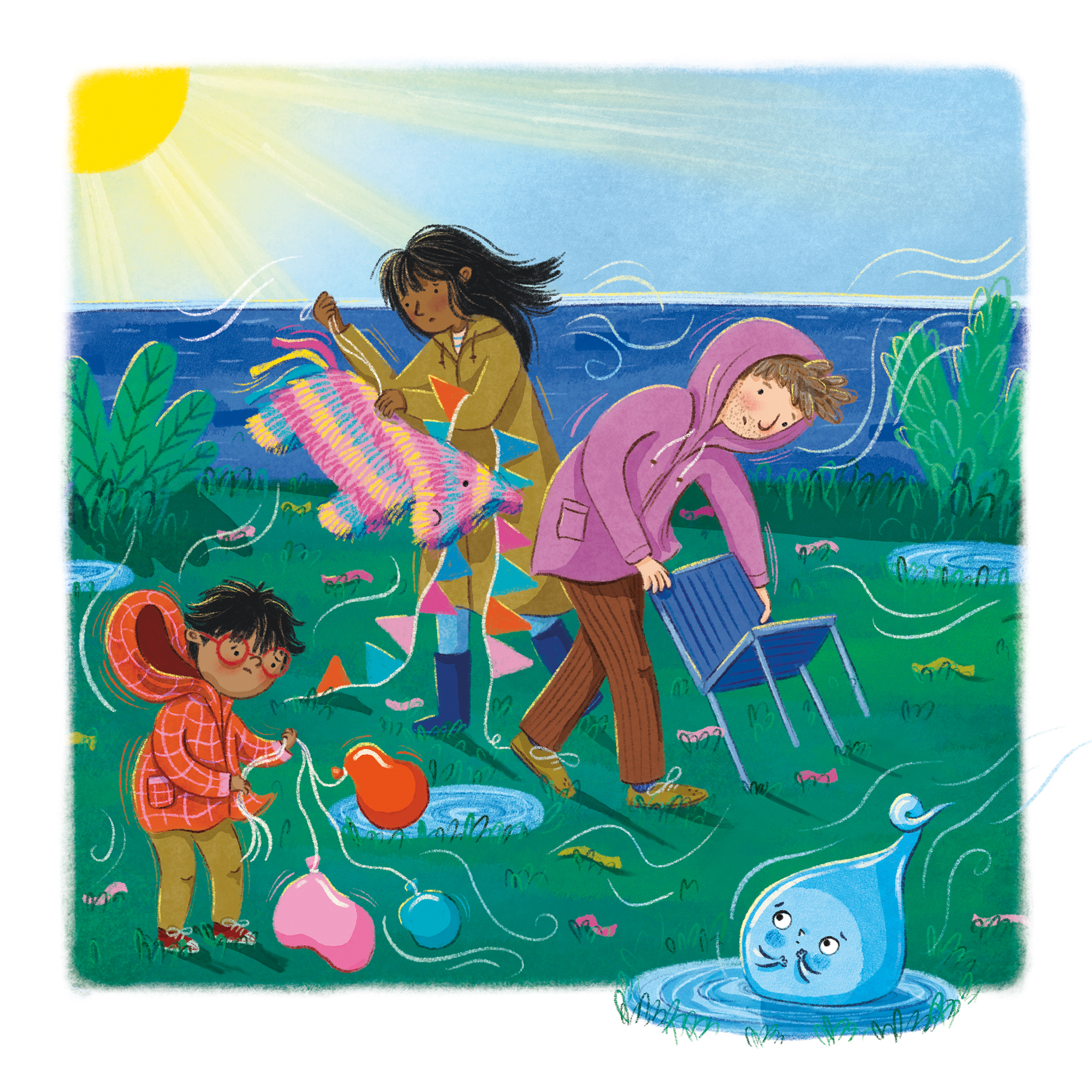 Illustration by Christine Cuddihy from Little Flow showing a family tidying a rainy garden