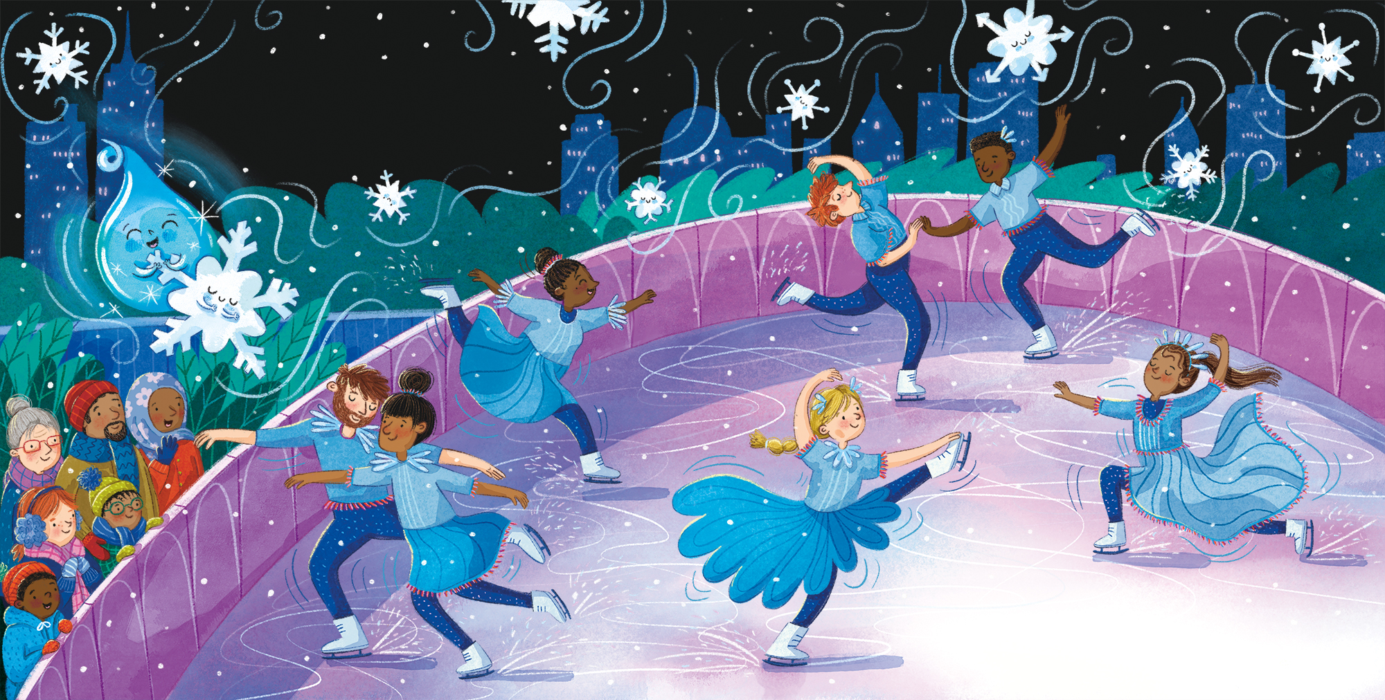 Illustration by Christine Cuddihy from Little Flow showing an ice skating rink at night.