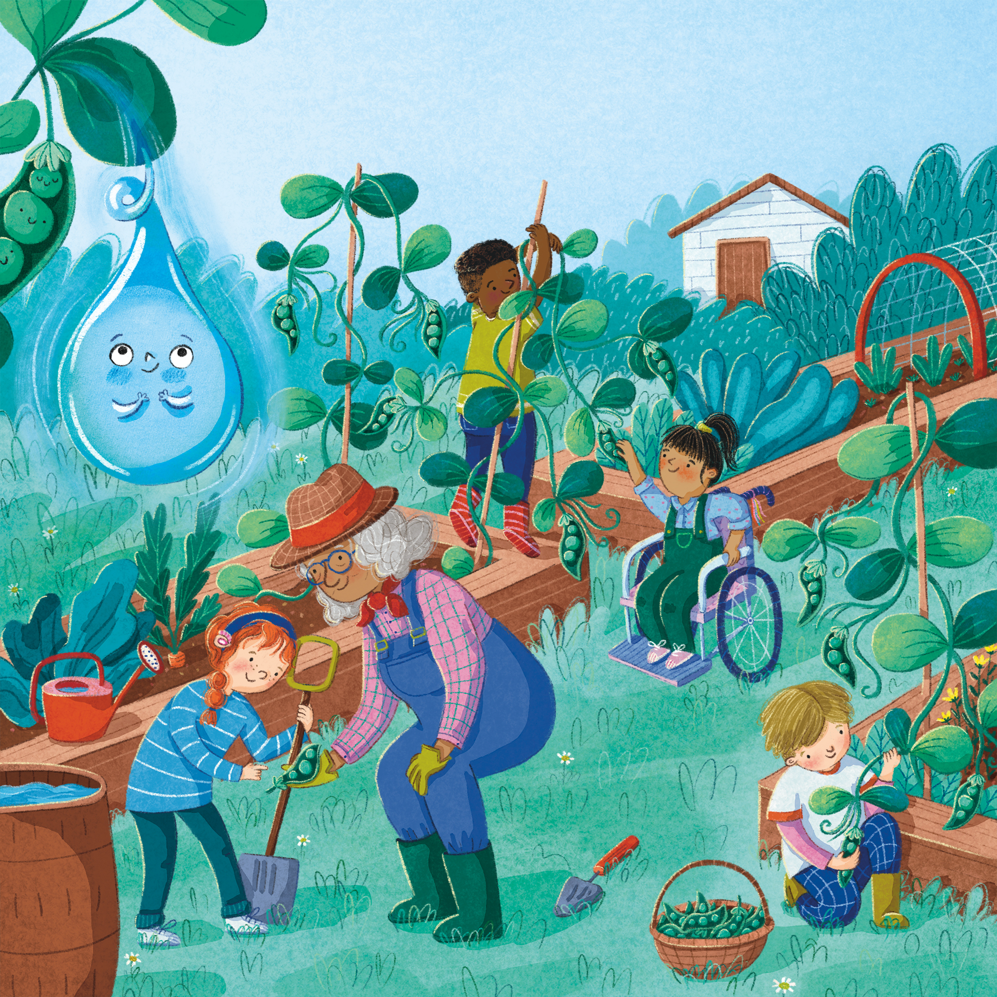 Illustration by Christine Cuddihy from Little Flow showing children in an allotment tending to growing peas