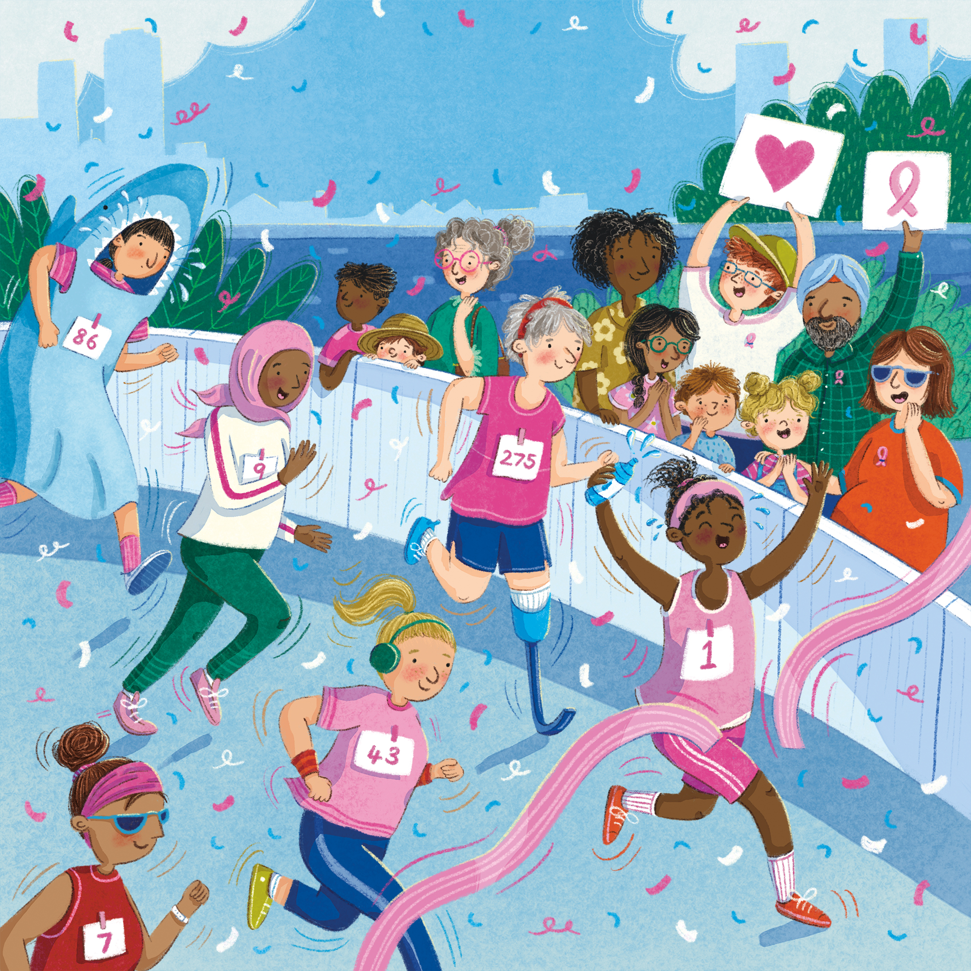 Illustration by Christine Cuddihy from Little Flow showing a running race with an audience with signs.