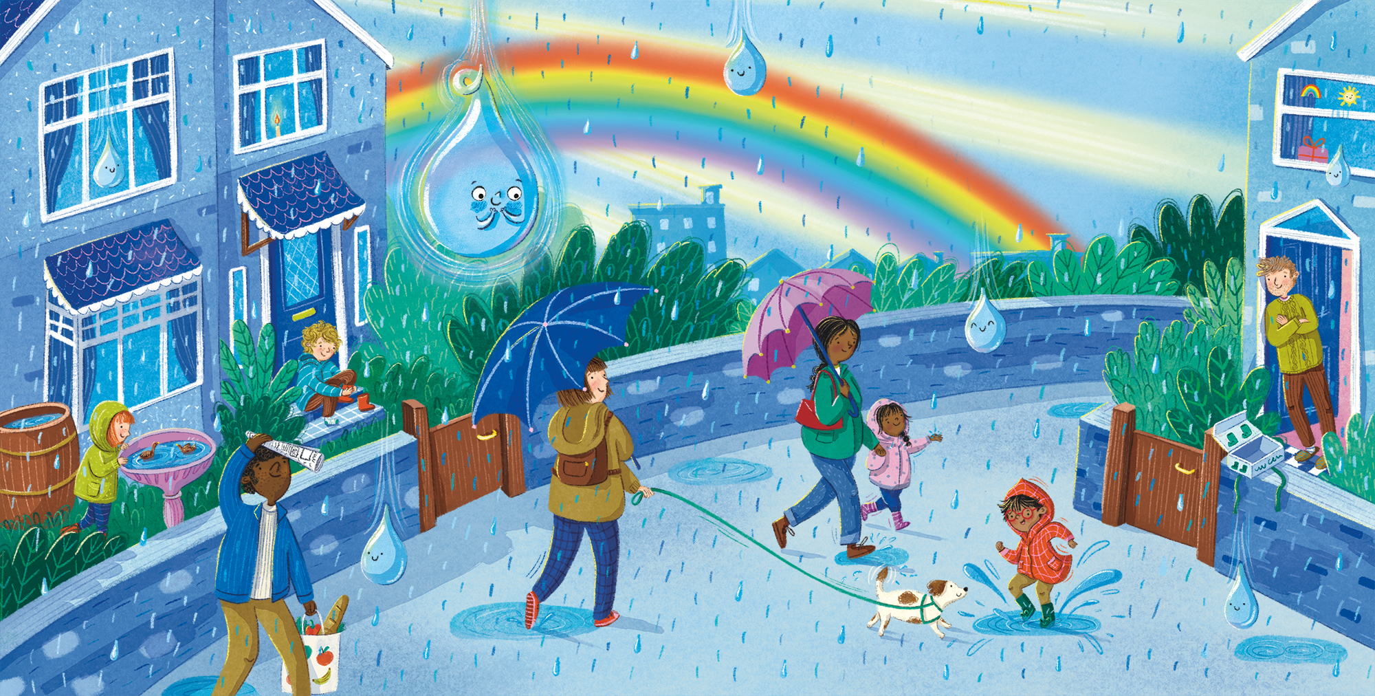 Illustration by Christine Cuddihy from Little Flow showing a street scene with a rainbow and raindrops